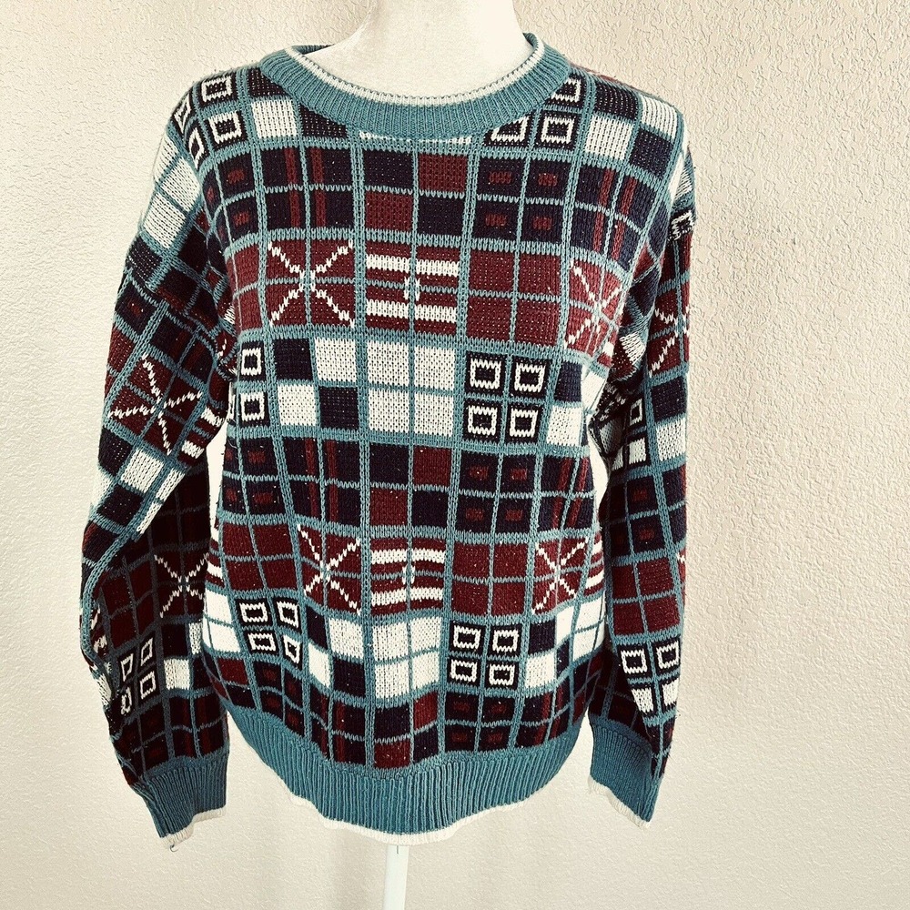 Vintage 90's Atlantic Traders Sweater Sz Medium Geometric Design Blue Red White